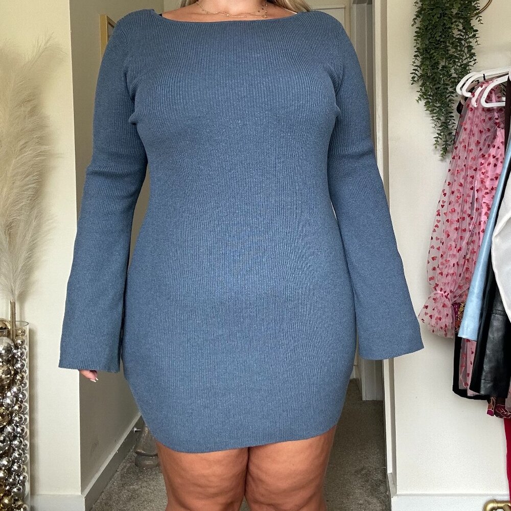 DIVIDED KNIT RIBBED LONG SLEEVE MINI DRESS